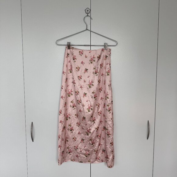RIHOAS Pink Floral Satin Straight Midi Skirt - Picture 1 of 4